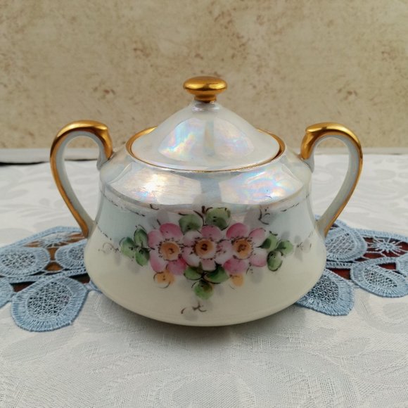 Vintage TK Czechoslovakia Sugar Bowl Hand Painted Pink Floral Design Gold Trim - Picture 1 of 8